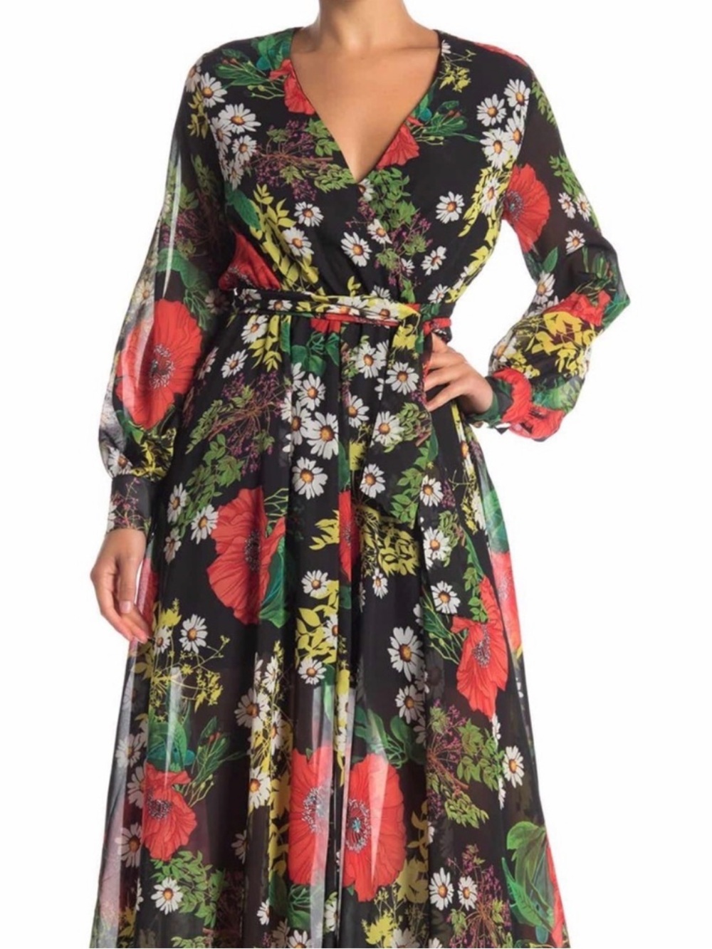 Meghan LA Lilypad Surplice V‑Neck Belted Long Sleeve Maxi Dress in Floral